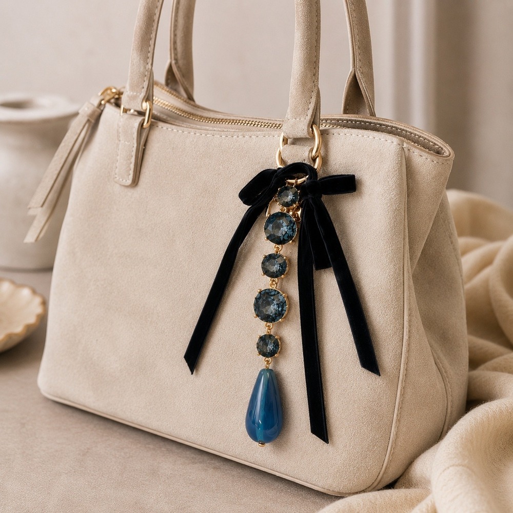 J.Crew Navy Velvet Ribbon Blue Crystal Teardrop Bag Charm Keychain 6inch NEW